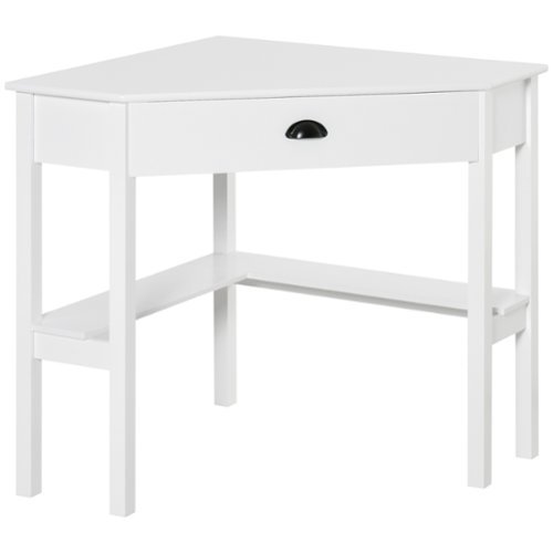 Homcom - Corner Desk, Triangle Computer Desk with Drawer and Storage Shelves for Small Spaces, Home Office Workstation - White-Front_Standard 