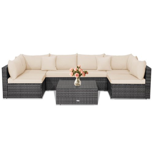 Costway 7PCS Patio Rattan Furniture Set Sectional Sofa Cushioned Garden - Mix Gray,Brown
