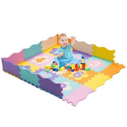 Costway 75 Pieces Baby Foam Interlocking Play Mat w/ Fence w/Detachable Numbers - Multi-Color BUY IN AUSTRALIA