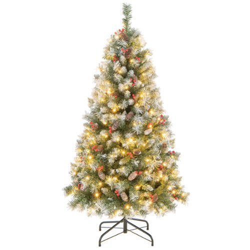 Costway - 5 FT Artificial Christmas Tree Hinged w/ 200 Warm LED Lights & 126 Red Berries - Green/White
