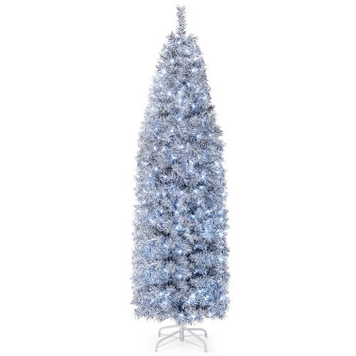 Costway - 7 FT Pre-Lit Christmas Tree Hinged Slim Pencil w/ 350 LED Lights 670 Branch Tips - Black/White