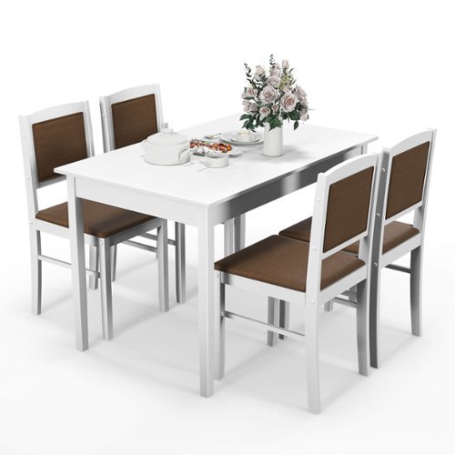 Costway 5 PCS Dining Table Set for 4 w/Rubber Wood Legs Upholstered Seat Padded Backrest - White and Brown