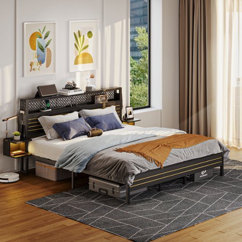 Bestier King Bed Frame Golden Stripe Headboard LED Nightstands Metal Platform No Box Spring - Black