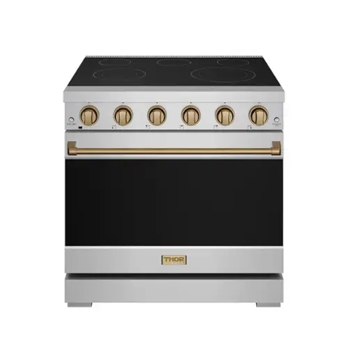 Front. Thor Kitchen - Gordon Ramsay Series by Thor Kitchen 6.0 Cu. Ft Freestanding Electric Range with Bronze Hardware - Stainless Steel.