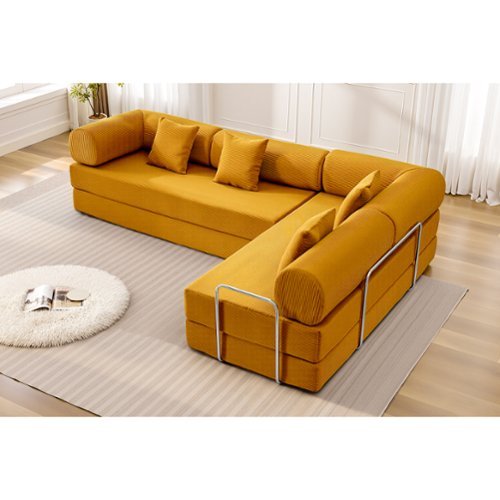 KERDOM - L-Shaped Corduroy Couch Chaise Lounge, 78'' Foldable Sofa Bed 2pcs Combined, Spliced Block Modular Sectional Sponge Sofa - Ginger Yellow-Front_Standard 