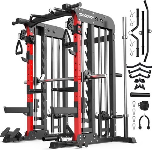 Pooboo - Multi-Function Smith Machine Power Cage, 2000BLS Squat Rack, Lat Pulldown System, Home Use Strength Training - Red-Front_Standard 