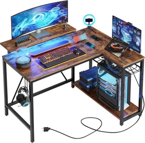 Bestier - L-Shaped Gaming Desk with Power Outlets LED Lights and Reversible Storage Shelves & Hooks - 42" Wide - Rustic Brown-Front_Standard 