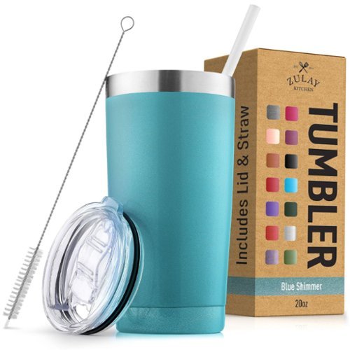 Zulay Kitchen - 20oz Double Walled Insulated Tumbler with Lid and Straw - Blue Shimmer-Front_Standard 