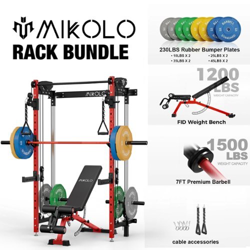 Mikolo - Foldable Power Rack Cage,1000lbs Capacity Wall Mounted Squat Rack with independent pulley system - Red-Front_Standard 