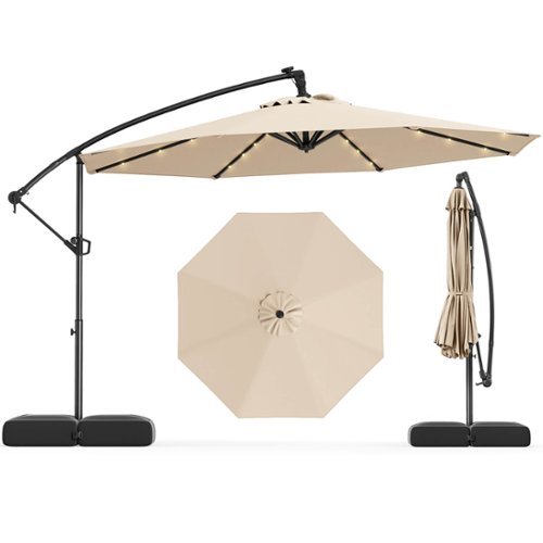 Costway - 10 FT Solar Offset Hanging Umbrella Patio Cantilever Umbrella with 32 LED Lights - Beige-Front_Standard 