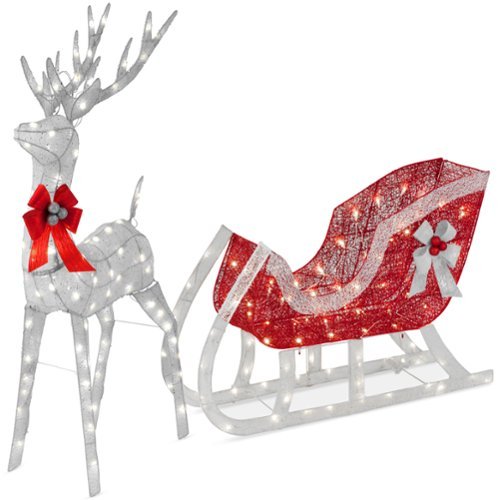 Best Choice Products - Lighted Christmas 4ft Reindeer & Sleigh Holiday Outdoor Decor Set w/205 LED Lights, Stakes - Silver - Silver - Large-Front_Standard 