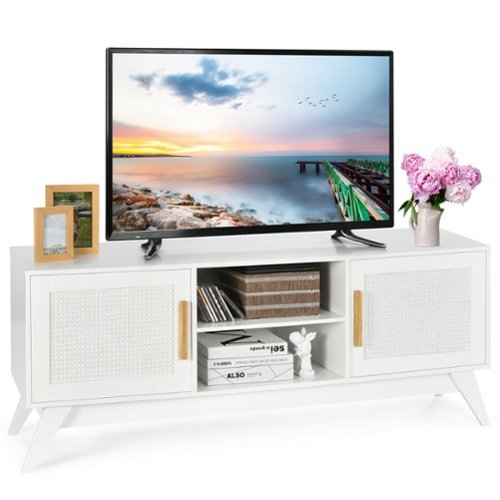 Costway - TV Stand Entertainment Media Console w/ 2 Rattan Cabinets & Open Shelves - White