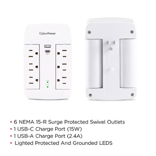 CyberPower 6-Outlet/1-USB-A/1-USB-C 1500 Joules Wall Surge Protector - White SHOP ONLINE