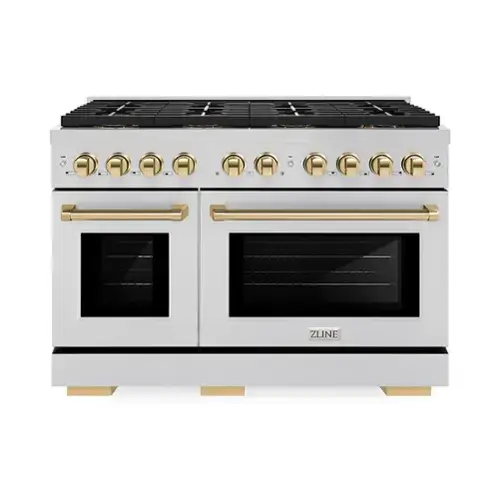Front. ZLINE - ZLINE Autograph 48 in. Paramount Gas Range with 8 Burner DuoPro Cooktop w/ Polished Gold Accents (PSGRZ-48-G) - Stainless Steel.