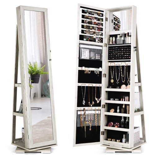 Costway 360degree Rotatable Jewelry Cabinet 2-in-1 Lockable Mirrored Organizer - White