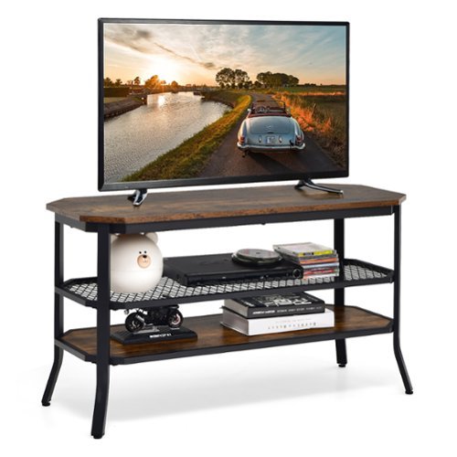 Costway - 3-tier TV Stand Console Table Media Entertainment Center w/Mesh Storage Shelf - Rustic Brown/Black