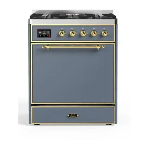 Front. ILVE - ILVE Majestic II Series  30 in. Dual Fuel Range with 5 Sealed Burners (Natural Gas, Brass Trim) - Blue Grey.