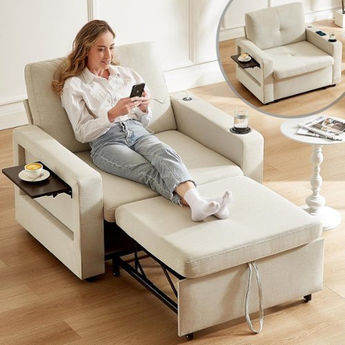 Dyonery - 3-in-1 sofa chair bed, 42.5W convertible sleeping chair with pull-out bed and wing table, adjustable backrest - White-Front_Standard 