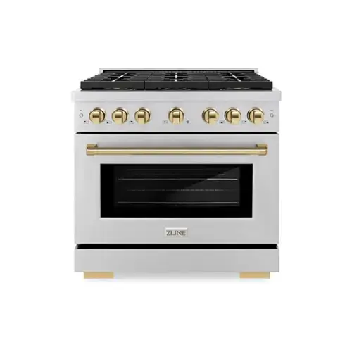 Front. ZLINE - ZLINE Autograph 36 in. Paramount Gas Range with 6 Burner DuoPro Cooktop & Polished Gold Accents (PSGRZ-36-G) - Stainless Steel.