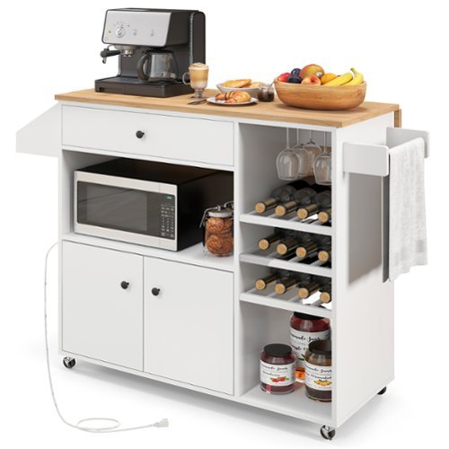 Gymax - Kitchen Island Cart w/ Drop-Leaf & Power Outlet Microwave Shelf Wine Rack Drawer - White-Front_Standard 