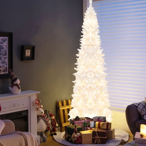 Costway - 7FT Pre-Lit Hinged Pencil Christmas Tree with 300 LED Lights & 8 Flash Modes