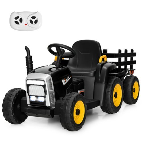 Costway - 12V Kids Ride On Tractor with Trailer Ground Loader w/ RC & Lights - Black-Front_Standard 