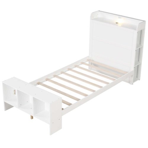 Costway - Twin Size Bed Frame with Storage Headboard & Footboard LED Bed Frame with 2 USB Ports - White-Front_Standard 