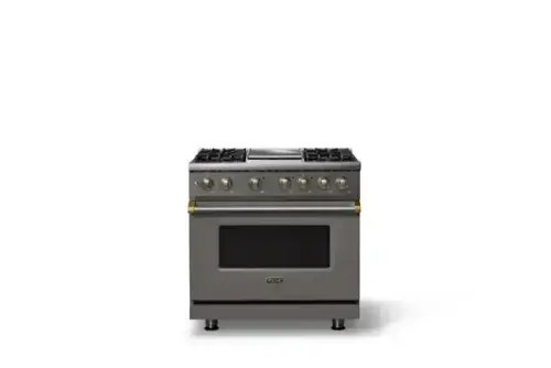 Front. Viking - 36 in. Wide 4 Burner Pro 5 Series 5.6 Cu. Ft. Freestanding Sealed LP DF Convection Range/Grdl with Brushed Brass Trim - Damascus Gray.