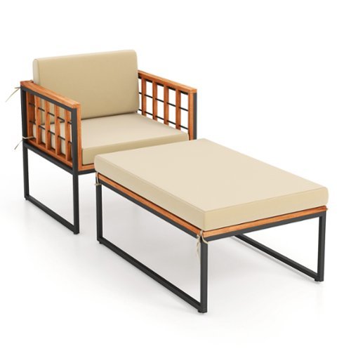 Costway - 1 PCS Outdoor Furniture Set Patio Acacia Wood Armchair with Long Ottoman Cozy Seat - Beige-Front_Standard 