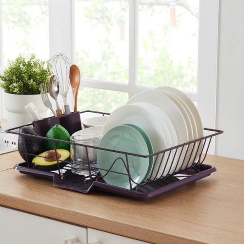 Sweet Home Collection - Steel 3-Piece Large Countertop Dish Drainer with Drain Board & Utensil Holder - Eggplant-Front_Standard 