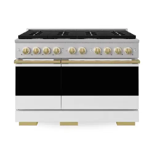 Front. ZLINE - Autograph 48 in. 6.7 cu. ft. Marino Dual Fuel Freestanding Range with 8 Gas Burner Cooktop with White & Gold Accents - White Matte.
