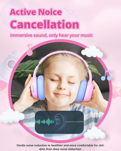 Tronsmart KH03 Kids Headphones, Bluetooth Active Noise Cancelling Wireless Headsets 74/85/93dB Safe Volume LED Lights 70H Playtime - Princess Pink GLOBAL SHIPPING