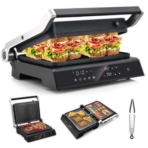 Costway - Electric Panini Press Grill Sandwich Maker with LED Display & Removable Drip Tray - Black-Front_Standard 