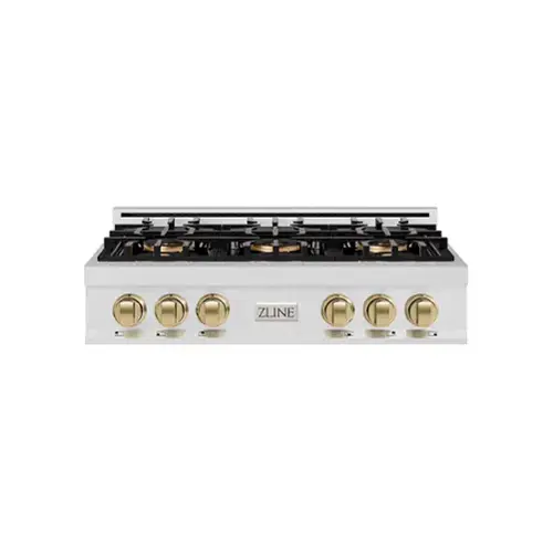 Front. ZLINE - ZLINE Autograph 36 in. Satin Steel Classic Rangetop with 6 DuoPro Burners and Bronze Accents (PCRTSZ-36-CB) - Satin Stainless Steel.