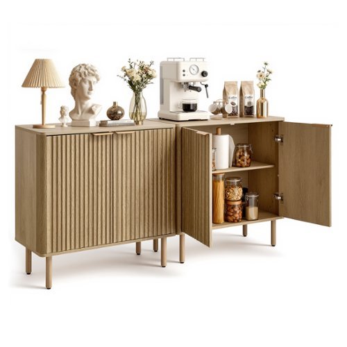VEVOR - Coffee Bar Cabinet, Mid Century Fluted Coffee Bar Table with 2-Tier Storage, Buffet Stand Cabinet with 4 Barn Doors - Oak + Gold-Front_Standard 