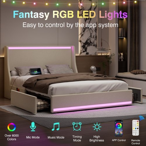 Vecelo - Full Size LED Bed Frame with Headboard, Charging Ports, Storage Drawers, No Box Spring Needed, App & Remote Control - Beige-Front_Standard 