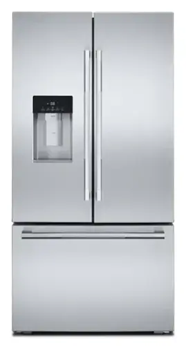 Front. JennAir - Rise 23.84 Cu. Ft. French Door Counter Depth Refrigerator with External Dispenser - Stainless Steel.