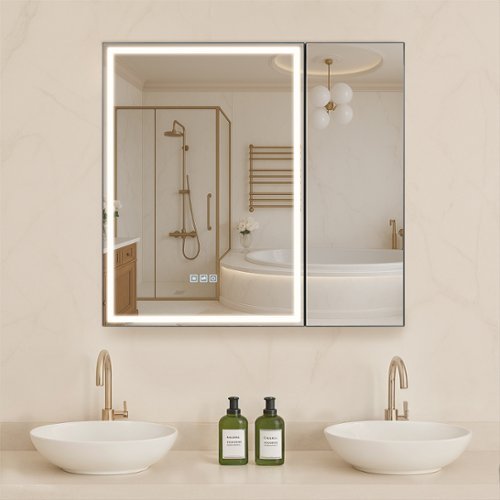 VEVOR - Lighted Medicine Cabinet with Mirror, 30 x 28 in Recessed or Wall Mount, 3 Color Dimmable LED Bathroom Medicine Cabinet - Black-Front_Standard 