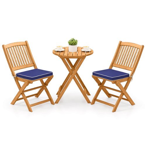 Costway - 3 PCS Acacia Wood Patio Bistro Set Folding Table & Chairs Set with Cushions - Natural,Navy-Front_Standard 