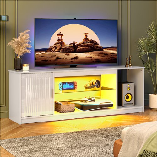 Bestier - 57" Gaming TV Stand with Adjustable Shelves LED-Lit TV Console for 65-Inch TVs with Cabinet Storage - White-Front_Standard 