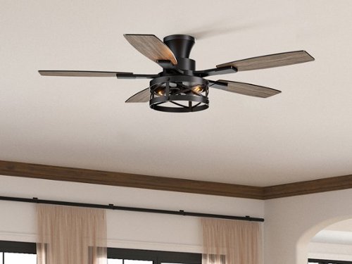 Siljoy - 52-In Farmhouse Flush Mount Lighted Cage Ceiling Fan Walnut/ Blades & Remote for Living Room Patio Bedroom - Black-Front_Standard 