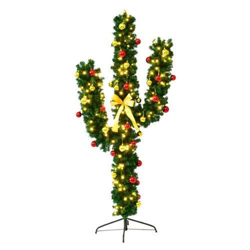 Costway - 5Ft Pre-Lit Cactus Christmas Tree LED Lights Ball Ornaments