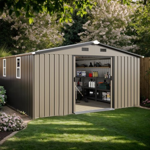 Mondawe - 10x12 FT Outdoor Storage Shed with Color Steel Plate and Two Daylight Windows - Brown-Front_Standard 