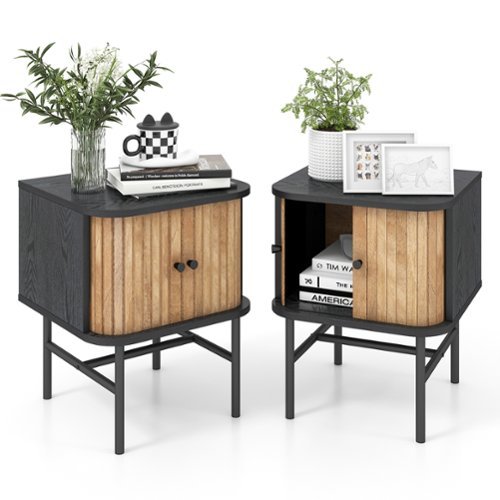 Costway - Set of 2 Nightstand Compact Modern End Side Table with Sliding Doors - Black