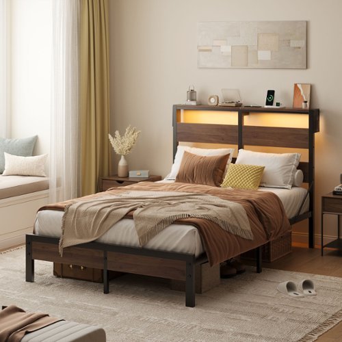 Bestier - Full-Size Platform Bed Frame with Storage Headboard, LED Lights, USB Charging Station - Brown