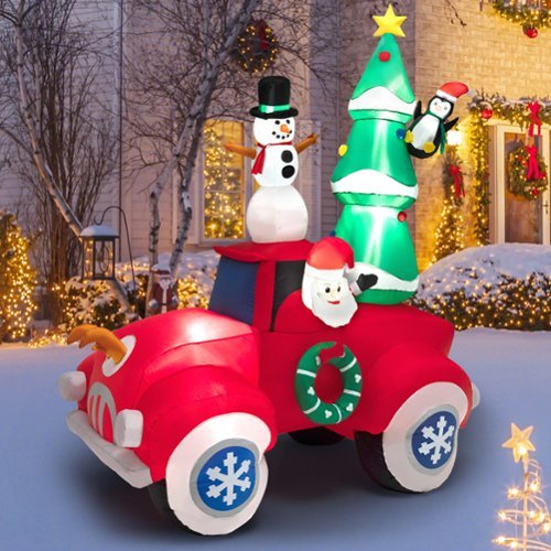 Costway 8FT Tall Inflatable Santa Claus Carrying Christmas Tree, Snowman on Red Truck - Multicolor