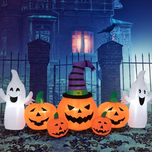 Costway - 9FT Long Halloween Inflatable Pumpkins Self Inflating Halloween Pumpkin - Orange/White/Black
