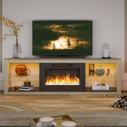 Bestier 70-Inch LED TV Stand with Tempered Glass Shelves and Open Cabinet - White Wash