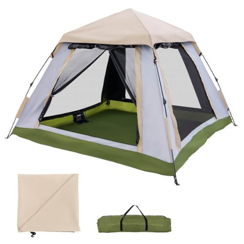 Costway Instant Pop-up Tent 2-4 Person Camping Tent w/ Removable Rainfly & Carrying Bag - Beige + Green + Grey