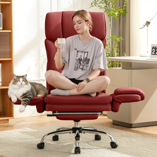 KERDOM - Ergonomic Big Office Leather Chair with Expandable Arms, Reclining Cross Legged Chair with Footrest Wide Seat for Gaming - Red-Front_Standard 